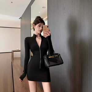 Stand Collar Long Sleeve Dress Brown Zipper Front Tight Waist Casual Daily Wear - Product Image 4