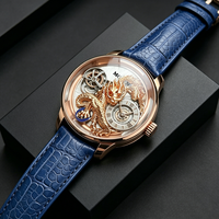 Montre mécanique pour homme Astronomia Dragon Series, saphir incurvé, cadran sculpté en 3D avec dragon doré, bracelet en cuir véritable bleu