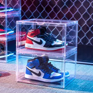 กล่องเก็บรองเท้าอะคริลิก12แพ็ค,กล่องใส่รองเท้าซ้อนได้ใส Nike กล่องใส่รองเท้ากล่องเก็บของพลาสติกพร้อมแม่เหล็ก