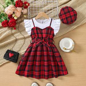 Vestito estivo girocollo Plaid per bambini con <span class=keywords><strong>maniche</strong></span> volanti Hot da ragazza in Denim ODM decorato con bottone - Product Image 1