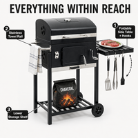 Outdoor-Holzkohlegrillwagen mit 3 Gusseisen-Grillrosten, Kurbelverstellbarer Holzkohlepfanne, Thermometer, Seitentisch und Rädern