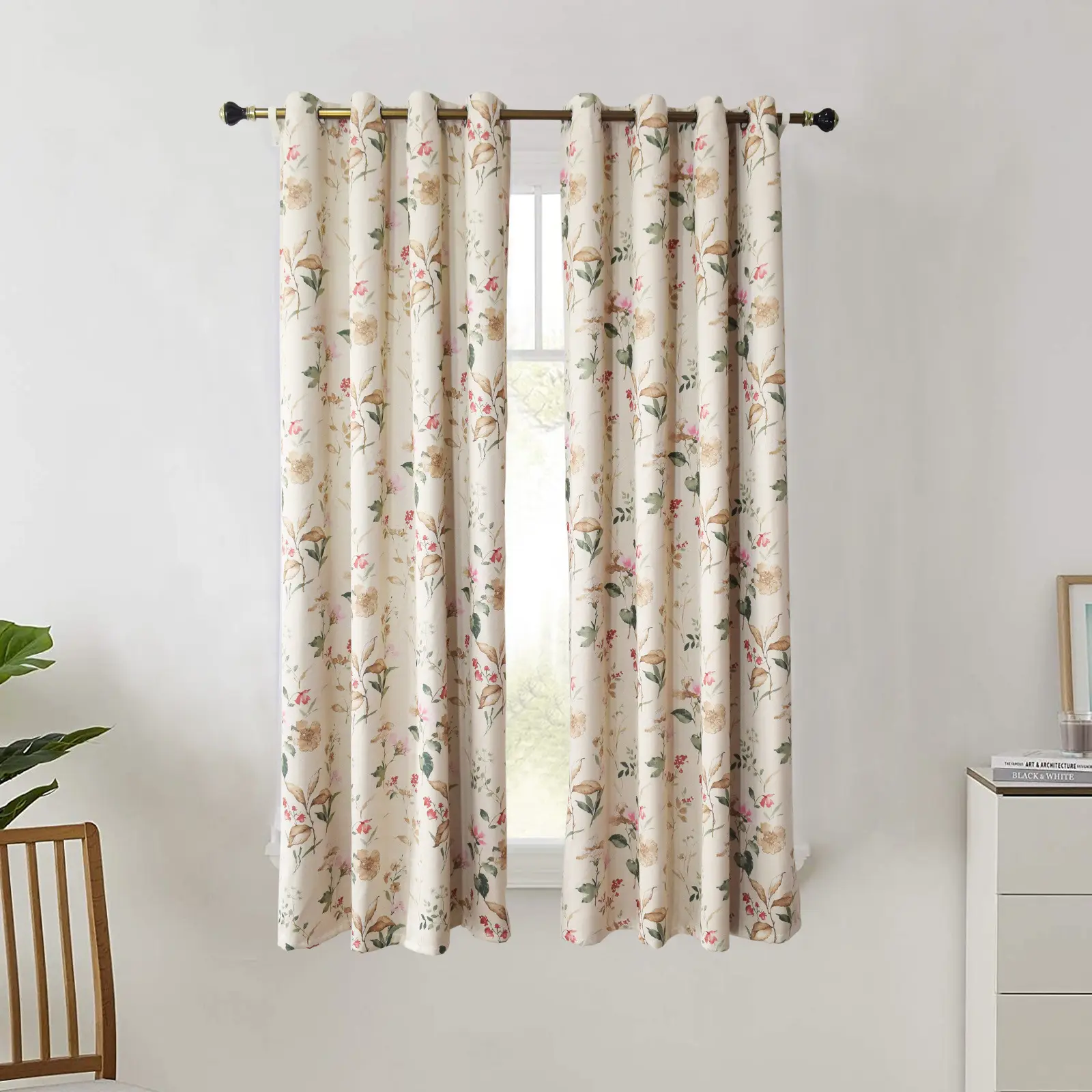 Floral Print Blackout Curtains and Drapes for Bedroom, Modern Style Thermal Insulated Room Darkening Window Curtain for Nursery