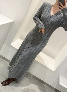 Haute qualité femmes Maxi <span class=keywords><strong>robe</strong></span> <span class=keywords><strong>pull</strong></span> automne hiver mince plaine <span class=keywords><strong>pull</strong></span> côtelé cachemire longue cheville chandails torsadés robes - Product Image 6