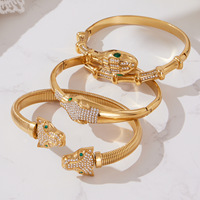 Nouveau bracelet euro-américain à double tête de léopard, bracelet extensible ouvert en acier inoxydable plaqué or véritable 18 carats avec zircon 5A