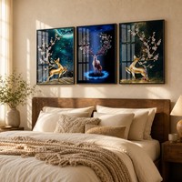 Triptyque mural moderne de luxe encadré, motif cerf étoilé, en verre trempé et porcelaine cristalline, ensemble de 3 panneaux pour la décoration du salon