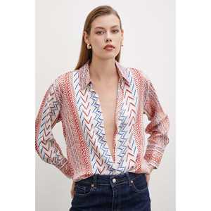 Camisa de Botones con Estampado Étnico para Mujer, Popelina Roja, Informal, para Uso Diario - Product Image 2