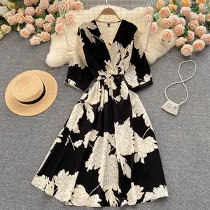 LY6039 2021 Hàn Quốc V Neck Elegant Floral Print Slim Eo A-Line Dress Phụ Nữ Giản Dị Mùa Hè Dresses Quần Áo Bán Buôn 8