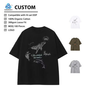 <span class=keywords><strong>T</strong></span>-<span class=keywords><strong>shirt</strong></span> à manches courtes imprimé surdimensionné en jersey de coton respirant anti-boulochage avec logo personnalisé, style décontracté, thème baleine, art masculin - Product Image 1