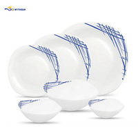 Service de table en verre opale 27 pièces, bordure en dentelle bleue, vaisselle en verre trempé, passe au micro-ondes, pour les dîners quotidiens en famille, les fêtes et les banquets