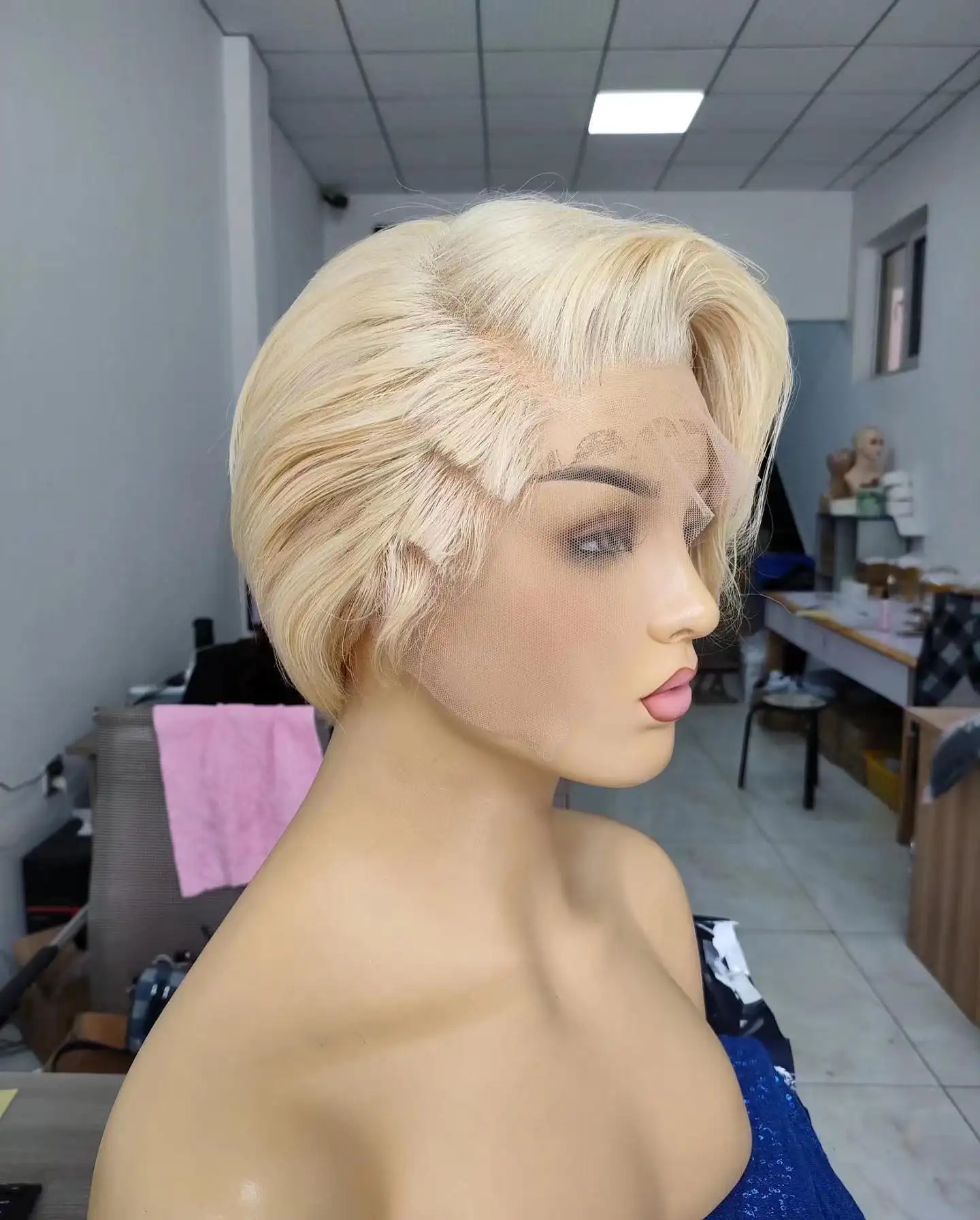 GL Grosir Vendor Rambut Murah 613 Renda Depan Penuh Renda Rambut Manusia Bob Wig dengan Rambut Bayi Warna Pirang Pixie Cut Wig untuk Wanita