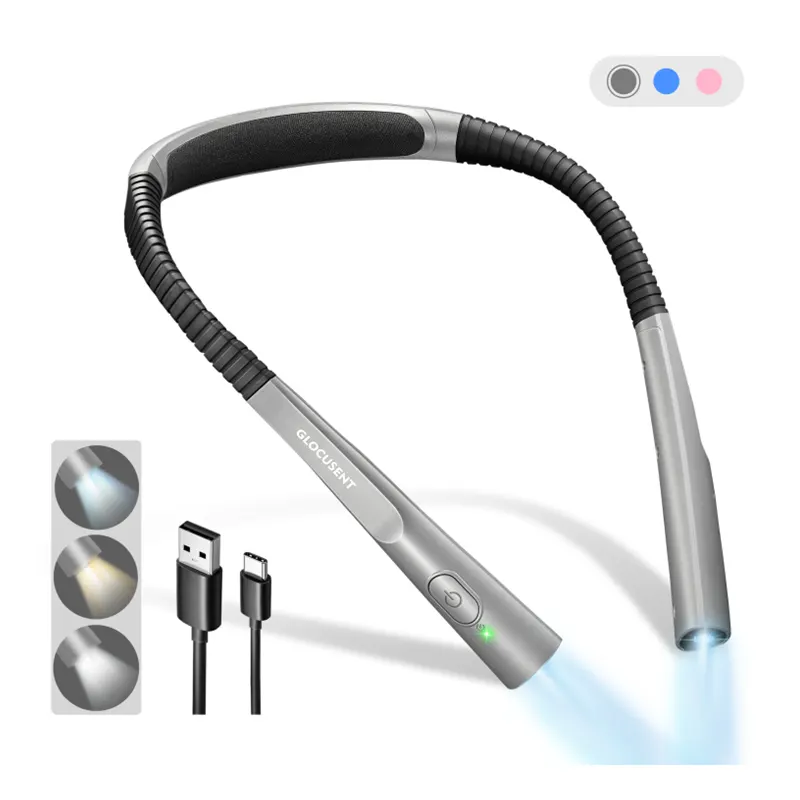 Glocusent Patented UPGRADED LED Neck Read Light Long Lasting Adjustable Rechargeable Neck Book Reading Light