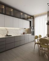 Desain Lemari Kaca Modern 2026, Lemari Dapur Berkualitas Tinggi Terjangkau, Custom Made, Warna Polos, Finishing Lacquer dengan Island