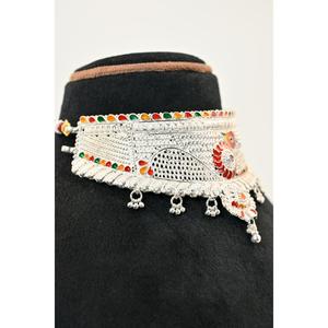 Ethnic <b>Silver</b> Plaster Chokar Set Necklace With Colorful Enamel Flower Design Women's Wedding Style Beaded Jewelry - Product Image 6