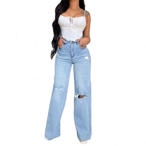 Pantalones <span class=keywords><strong>de</strong></span> pierna ancha sueltos informales con agujeros <span class=keywords><strong>rotos</strong></span> y cintura alta para <span class=keywords><strong>mujer</strong></span> al por mayor - Product Image 1