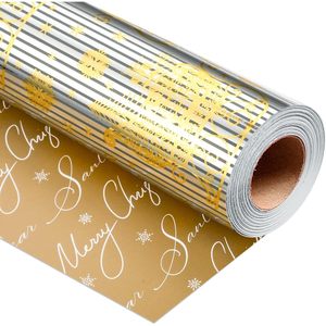 Christmas Wrapping Paper Reversible Silver Gold Sled Design 17 In X 32.8 Ft Roll Gift Craft Use - Product Image 1