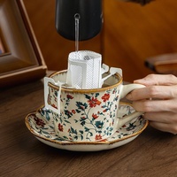Tasse à café en céramique florale vintage 385 ml, style européen, motif vague d'eau en V, pour la maison, le café, ou comme cadeau
