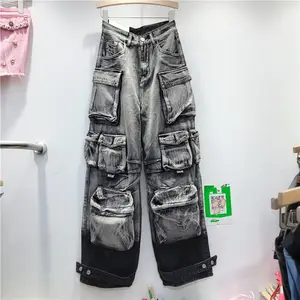 C0265 New straight length denim pants loose gray large hight quality cargo jeans for women
