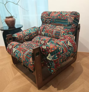 Sillón Reclinable de Tela con Patrones Eclécticos y Estructura de Madera, Mecanismo de Reclinación Manual para Sala de Estar - Product Image 1