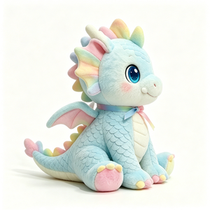 Peluche de Dragón Acuático Kawaii en Tonos Pastel con Alas de Arcoíris y Lazo – Adorable Animal de Peluche Sentado para Niños, Decoración de Cuarto Infantil y Regalos - Product Image 1