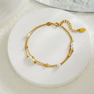 Vintage Waterproof 316l Stainless Steel Custom 18k Gold Plated Double layer <b>Pearl</b> Necklace Bracelet <b>Set</b> <b>Jewelry</b> <b>Sets</b> for Women - Product Image 4