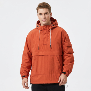 Men's Orange Hooded Windproof <b>Pullover</b> <b>Jacket</b> Casual Solid Color Polyester Outerwear Autumn Wear - Product Image 1