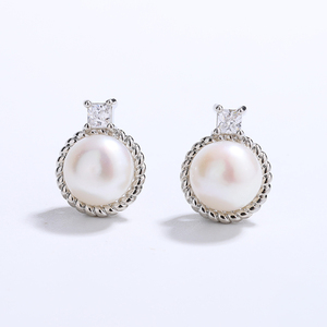 Copper Twisted Rope Round <b>Frame</b> Princess CZ <b>White</b> Pearl Stud Earrings for Women <b>Square</b> Zircon Pearl Jewelry Vintage Gift - Product Image 2