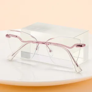 Hoge Kwaliteit Randloze Monturen Oversized Cat Eye Brillen Frames Lezers Brillen Vrouwen Frame Leesbril