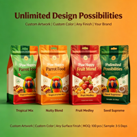 Sachet alimentaire personnalisé à 8 soudures latérales avec fermeture éclair, fond plat, haute barrière, scellage robuste, en feuille d'aluminium de qualité alimentaire pour aliments pour oiseaux et perroquets