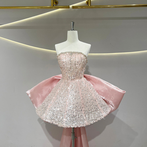 JFH80 Vestido de Gala Rosa Princesa con Cuello Barco, Encaje, Lentejuelas, Apliques de Lazo de Cristal, Cintura Natural de Gasa y Cola Capilla, Largo hasta el Suelo - Product Image 3