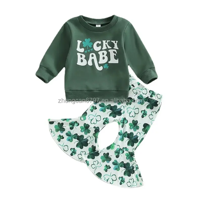 Alphabet Four Leaf Grass Print St. Patrick's Day Girls Clothing Sets Kids-Bell-Bottom-Pants Pullover Green