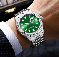 Montre de plongée pour homme avec logo personnalisé, acier inoxydable, cadran vert, affichage double calendrier, étanche