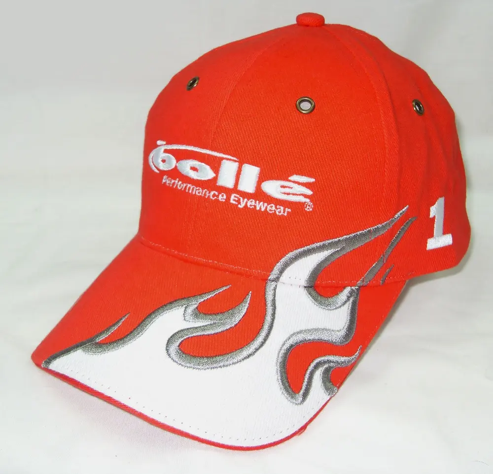 Alev nakış özel Logo promosyon pamuklu beyzbol şapkası Metal kuşgözü yarış kap şapka Gorras