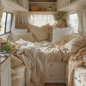 Parure de lit moderne en coton et lin tissé 300 fils pour <span class=keywords><strong>caravane</strong></span>, camping-car, remorque, avec draps-housses et taies d'oreiller - Product Image 3