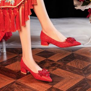 <b>Red</b> Satin Pointed Toe Kitten Heel Bridal Shoes With Flower Decoration Slip-On Wedding Party <b>Pumps</b> Med Heel 3cm 5cm - Product Image 2