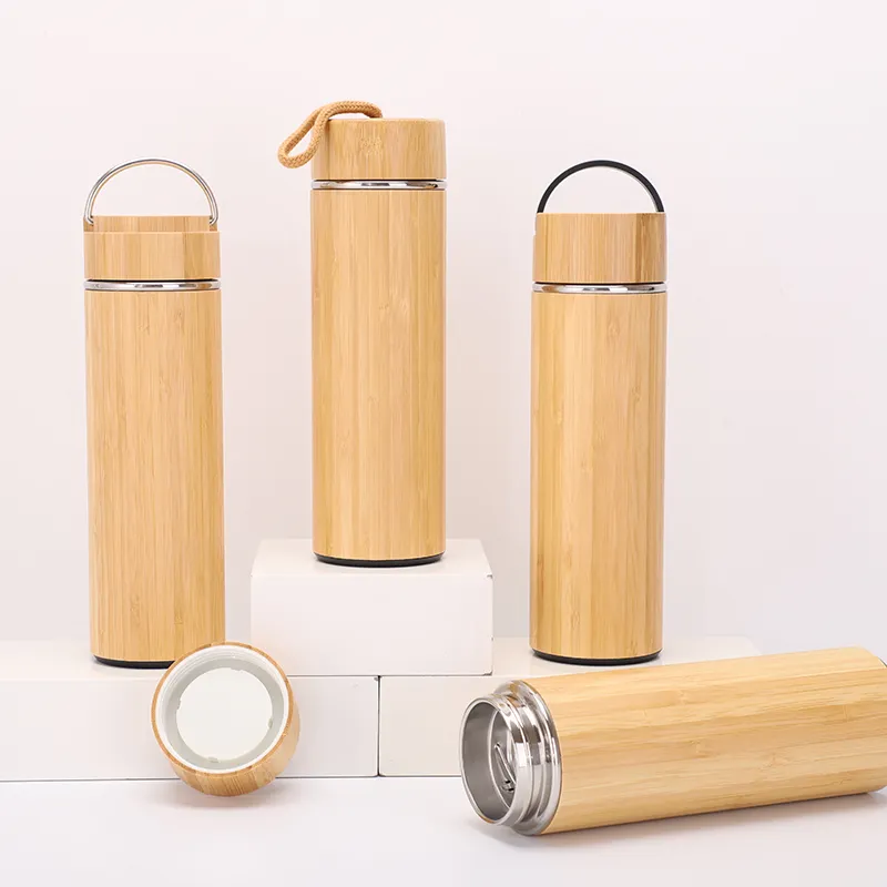 Frasco a vácuo de aço inoxidável, venda quente, garrafa de água de bambu isolado da parede dupla