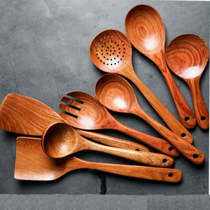 Juego de utensilios de madera estilo chino, 8 piezas, madera de olivo roja, cuchara, espátula, cucharón, colador, solo lavar a mano - Product Image 1