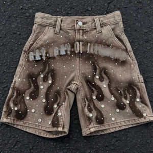 شورت جينز مزين بالأحجار الكريمة مخصص عالي الجودة 100٪ قطن شورت دينيم بغسيل قديم وتصميم عتيق مطبوع بتقنية DTG للرجال - Product Image 2