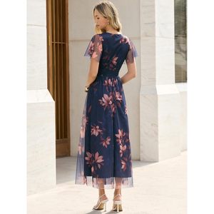 Vestido Maxi Floral para Mujer, Cuello en V, Manga Corta, Corte en A, Chifón Transparente, Cintura Imperio, para Vacaciones, Playa, Invitada de Boda, Fiesta - Product Image 6