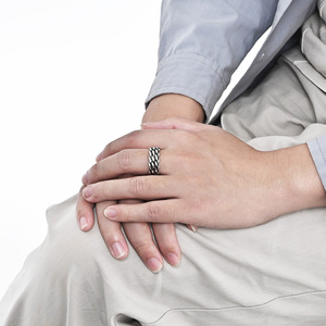 Unique, stylish, androgynous woven braided <b>titanium</b> steel <b>ring</b> for men and women, exuding sophistication and elegance. - Product Image 2