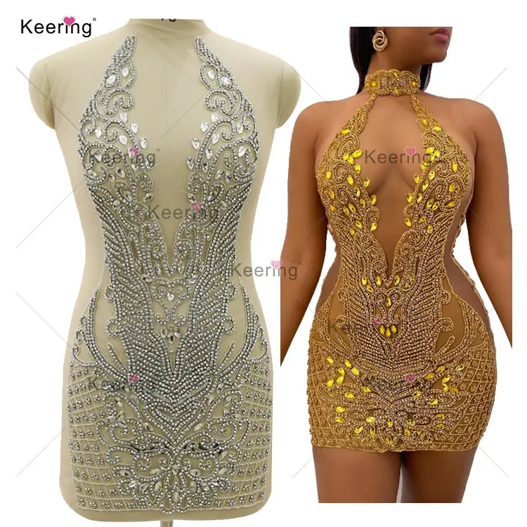 Keering-Conjuntos de Ropa para Niñas, de cristal plateado, con diamantes de imitación de cristal personalizados, apliques negros y dorados para vestidos, 2022