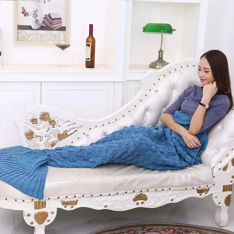 Yumuşak tığ örgü atmak battaniye Mermaid kuyruk battaniye Lady yumuşak el yapımı yün örgü uyku tulumu balık kuyruğu uyku seyahat çantası