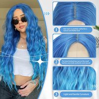 Rambut Keriting Panjang Bergelombang Wanita Amerika Eropa, Belahan Tengah, Lace Kecil, Gradasi Biru, Gaya Liburan, Buatan Mesin, Tenun Tangan, Vegan