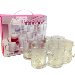 Ensemble de 6 tasses à eau en verre givré à motif de rose, réutilisables, pour café, thé, lait, avec poignée, vaisselle élégante - Product Image 1