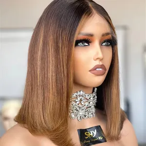 Custom SHY Hair 5.0 Single Knot Short Blonde Highlight Human Hair Lace Wigs 12 Inch Natural Wave Human Hair Peluca Corta