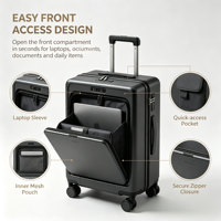 Valise cabine 22*14*9 pouces à ouverture frontale en PC avec roues pivotantes USB, approuvée par les compagnies aériennes pour les voyages d'affaires