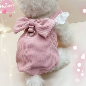 Pink Corduroy Dog Skirt With Bow And <b>Lace</b> Trim For <b>Teddy</b> Bichon Frise Winter Princess Style Pet Clothes - Product Image 4