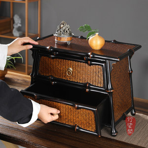 Bamboo Woven Tea Cabinet Lacquered Double Drawer Chinese Style Storage Box <b>Tabletop</b> Tea Set Organizer - Product Image 2