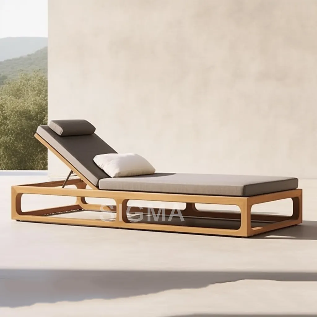 Espreguiçadeira luxuosa moderna de madeira de teca para o ar livre, espreguiçadeira de madeira de teca para jardim e villa com almofada