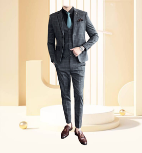 Venta caliente Otoño e Invierno Slim Fit versión coreana conjunto de traje de hombre vestido de novia de novio de negocios a cuadros de tres piezas - Product Image 2