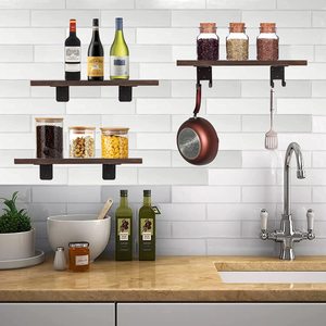 Solid Wood <b>Wall</b> Mounted <b>Shelf</b> Single Layer 44.95x16x2.03cm Kitchen <b>Floating</b> Storage Natural Color Rustic Modern Style - Product Image 1
